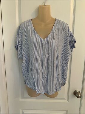 DKNY Blue and White Striped V-Neck Blouse